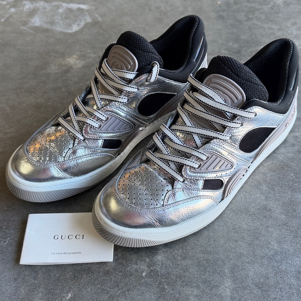 Gucci Basket silver metallic leather Sneakers women’s 40